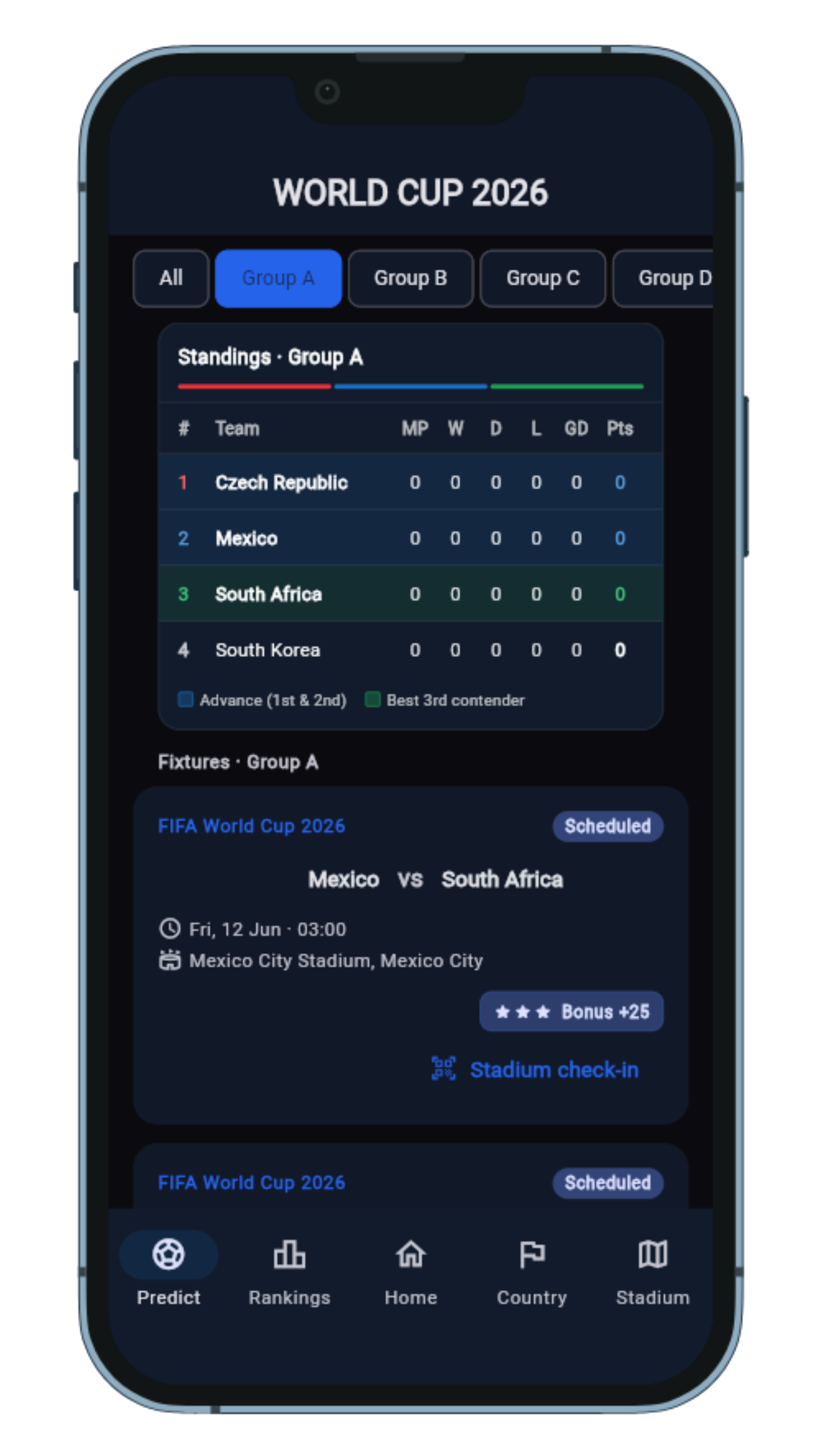 GoalClash predict screen with World Cup 2026 group standings and fixtures